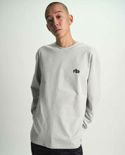 Smoke Grey Cotton Long Sleeve Tee - On Model Front View, Logo Chest Print | RTA