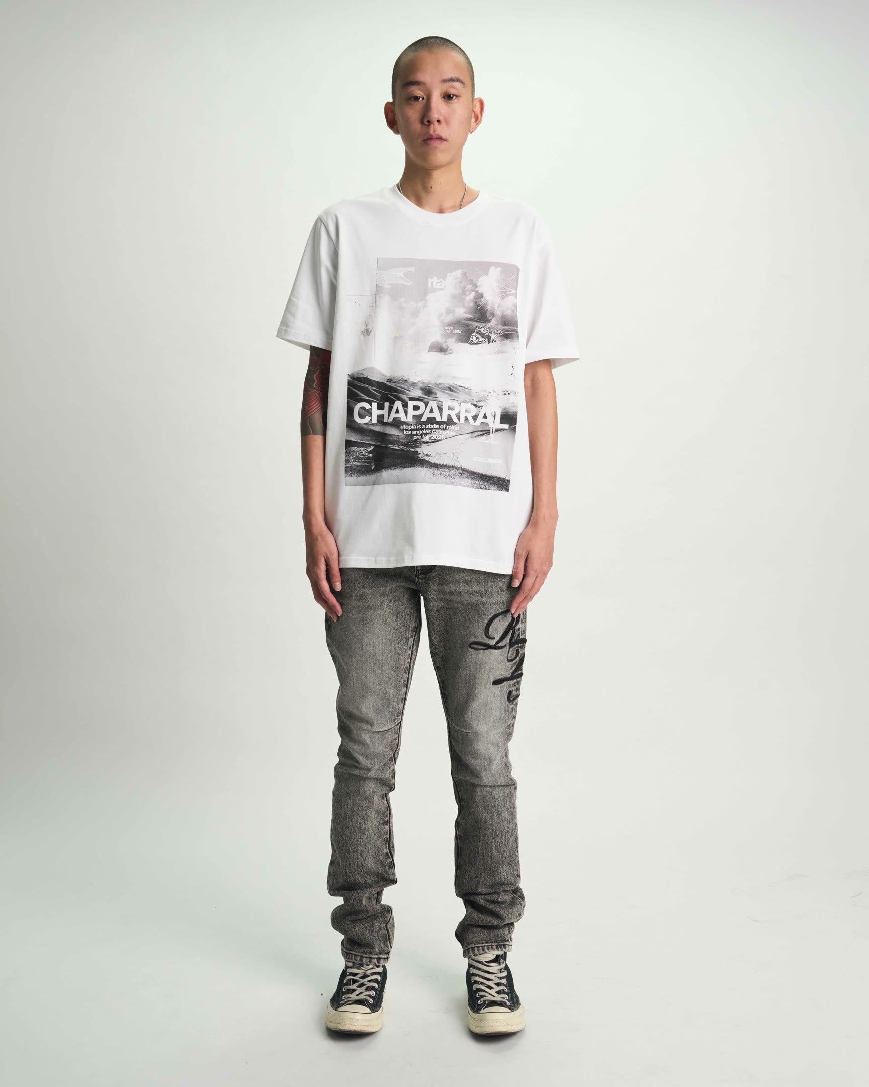 Grey Cursive Typography Skinny Jeans On Model - Full Front View | RTA