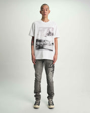 Grey Cursive Typography Skinny Jeans On Model - Full Front View | RTA