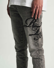 Grey Stone Haze Cursive Jeans On Model - Side Typography Detail | RTA