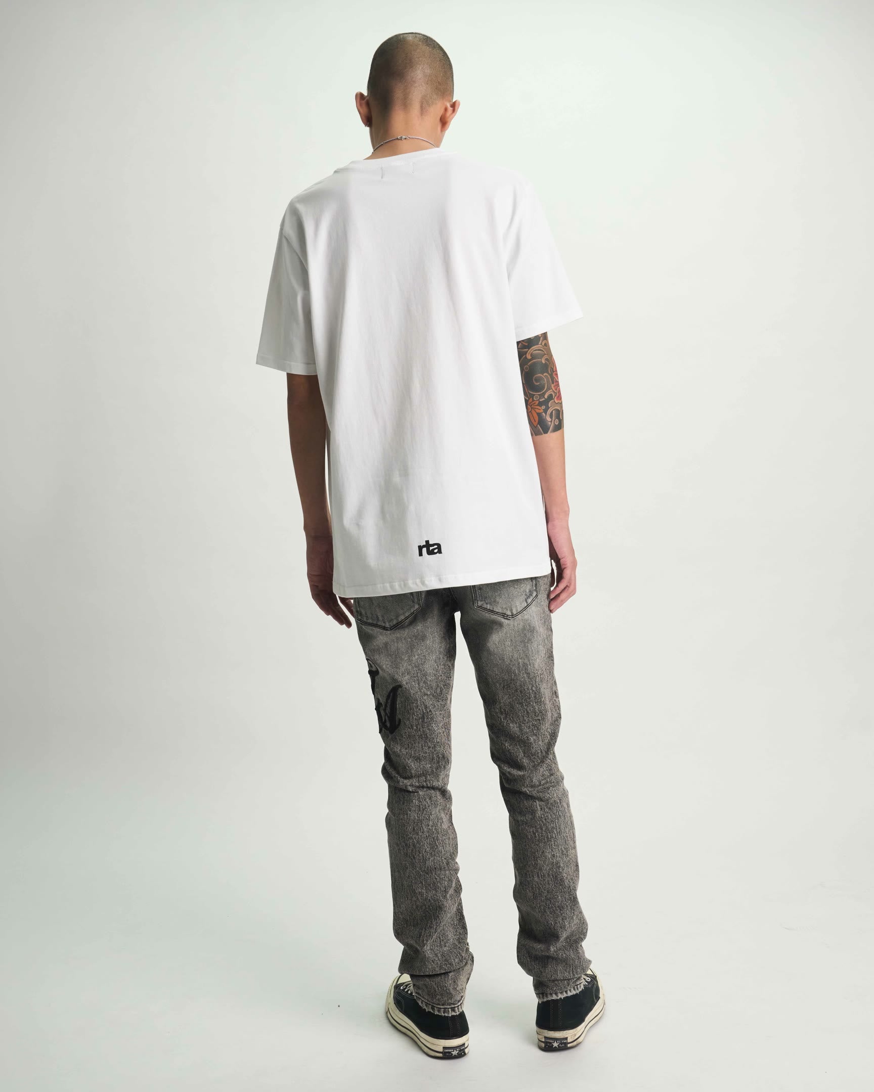 Grey Cursive Typography Skinny Jeans On Model - Back View | RTA