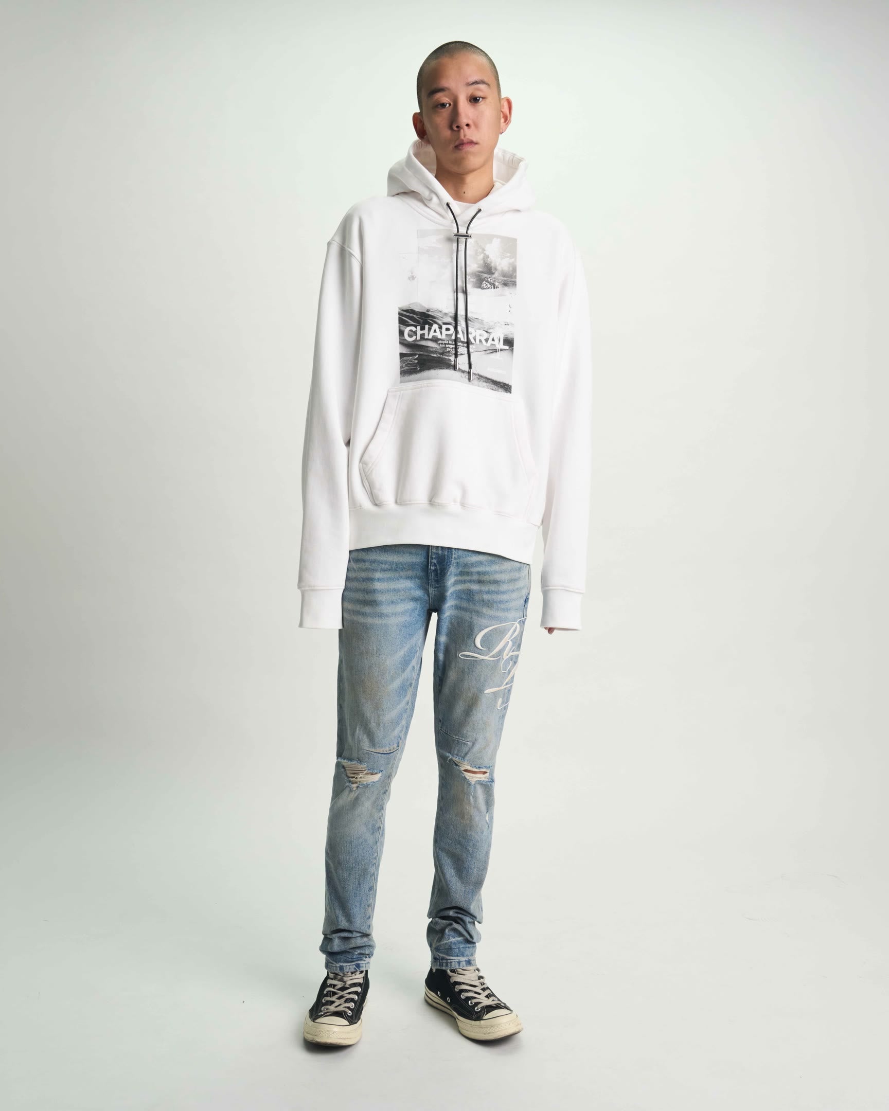 Light Blue Bryant Skinny Jeans with White Hoodie - Full Outfit Front View | RTA