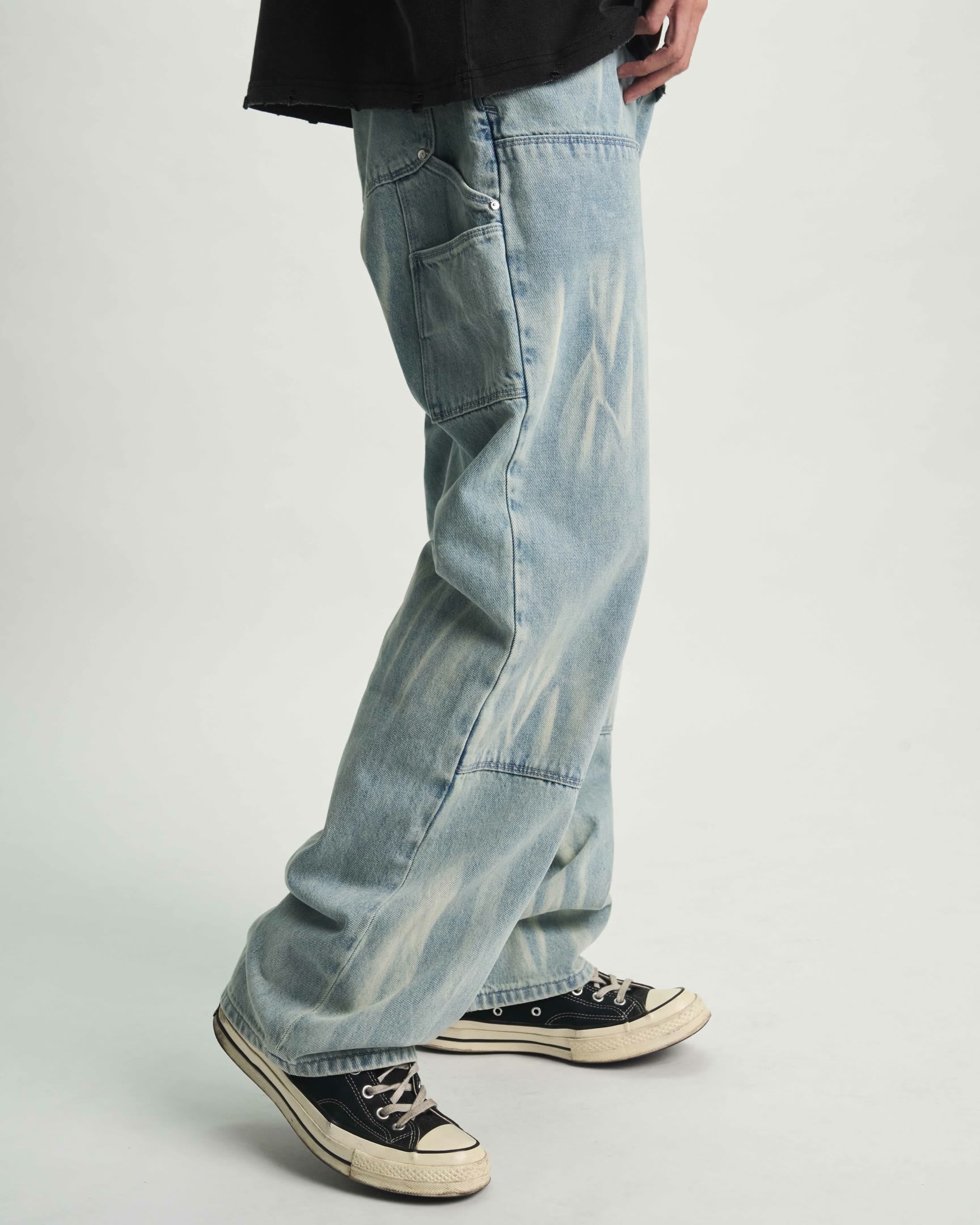 Sky Vein Cotton Carpenter Jeans - Side Profile On Model | RTA