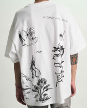 White Cotton Oversized Graphic Tee - On Model Back View, Creature Scenery Print | RTA
