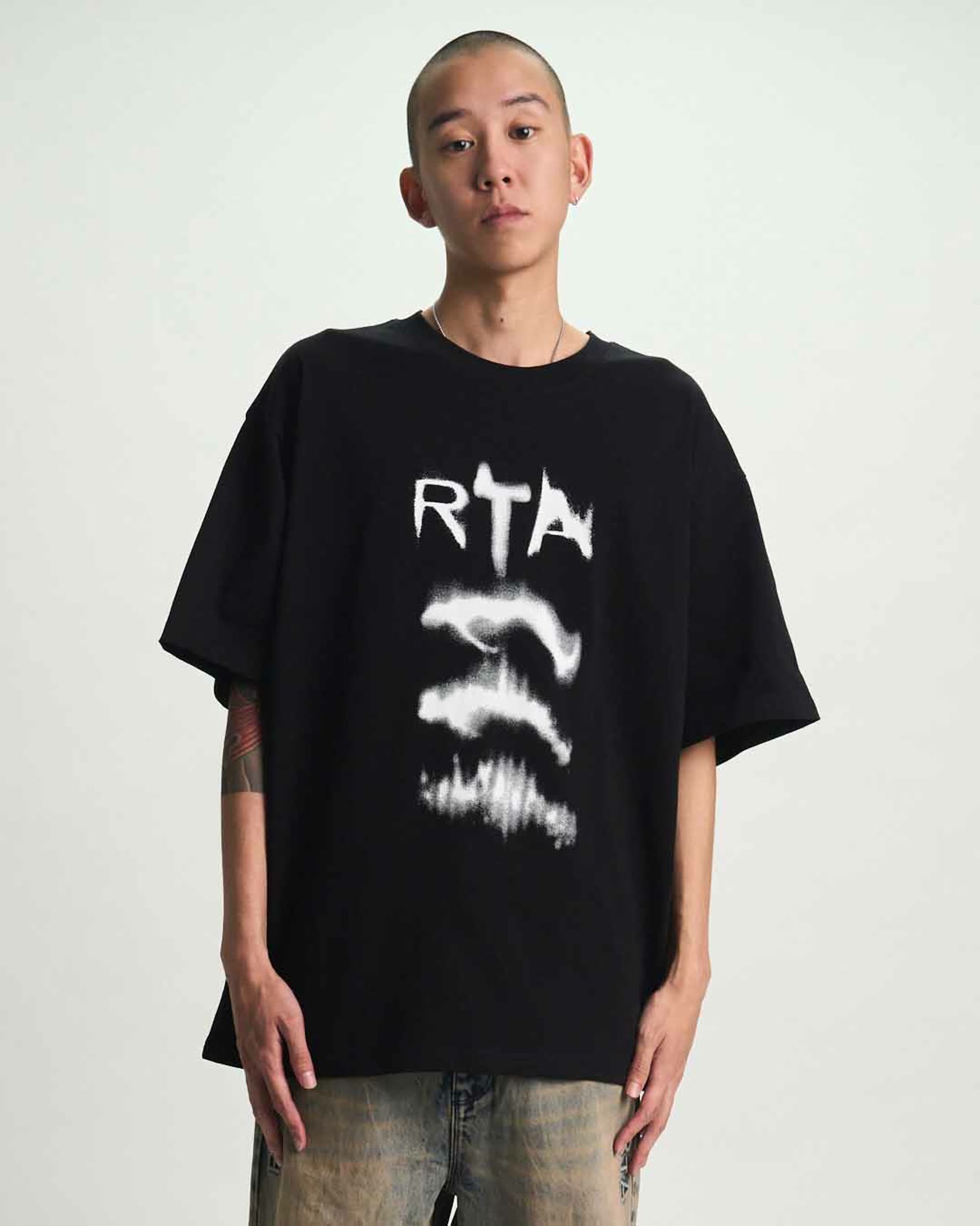 Black Cotton Colin Oversized Tee with Ascending RTA Graphics - On Model Front View | RTA