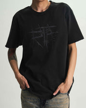 Black Cotton Liam Tee - On Model Torso, Thorn Graphic Detail, Distressed Neckline | RTA