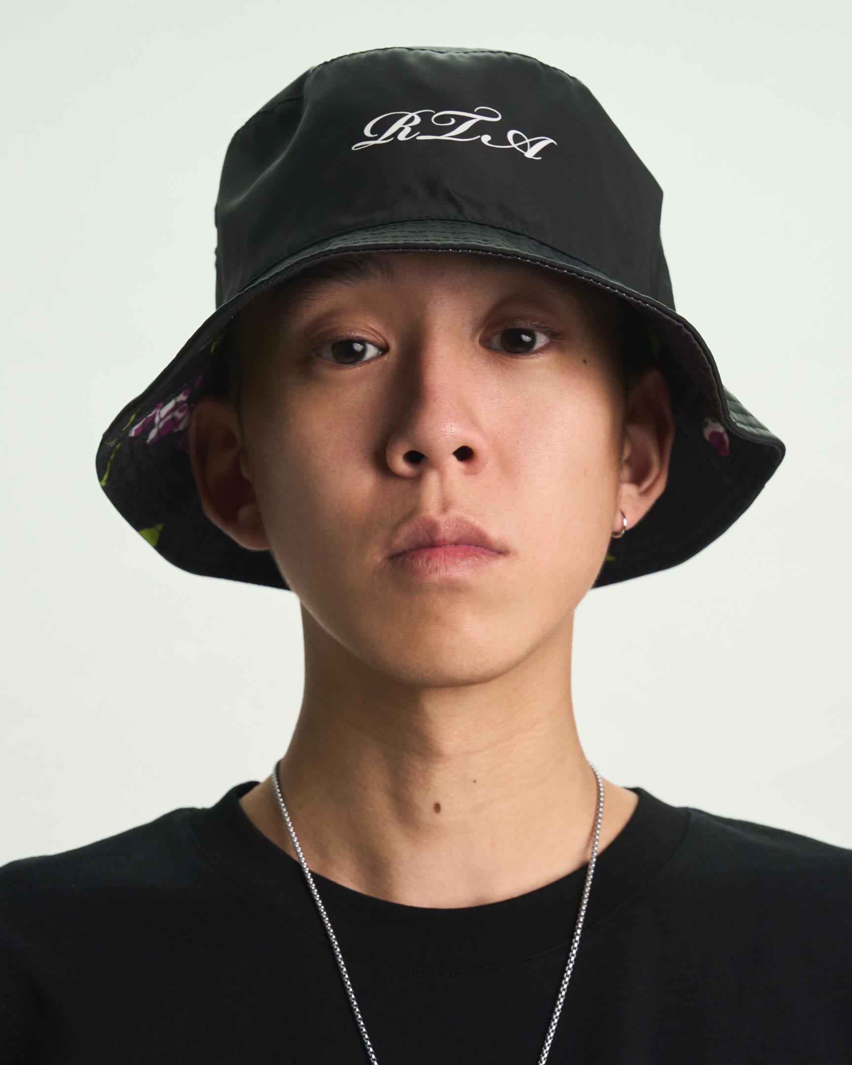 Black Marcus Bucket Hat Styled on Model with Chain Necklace - Front Portrait | RTA