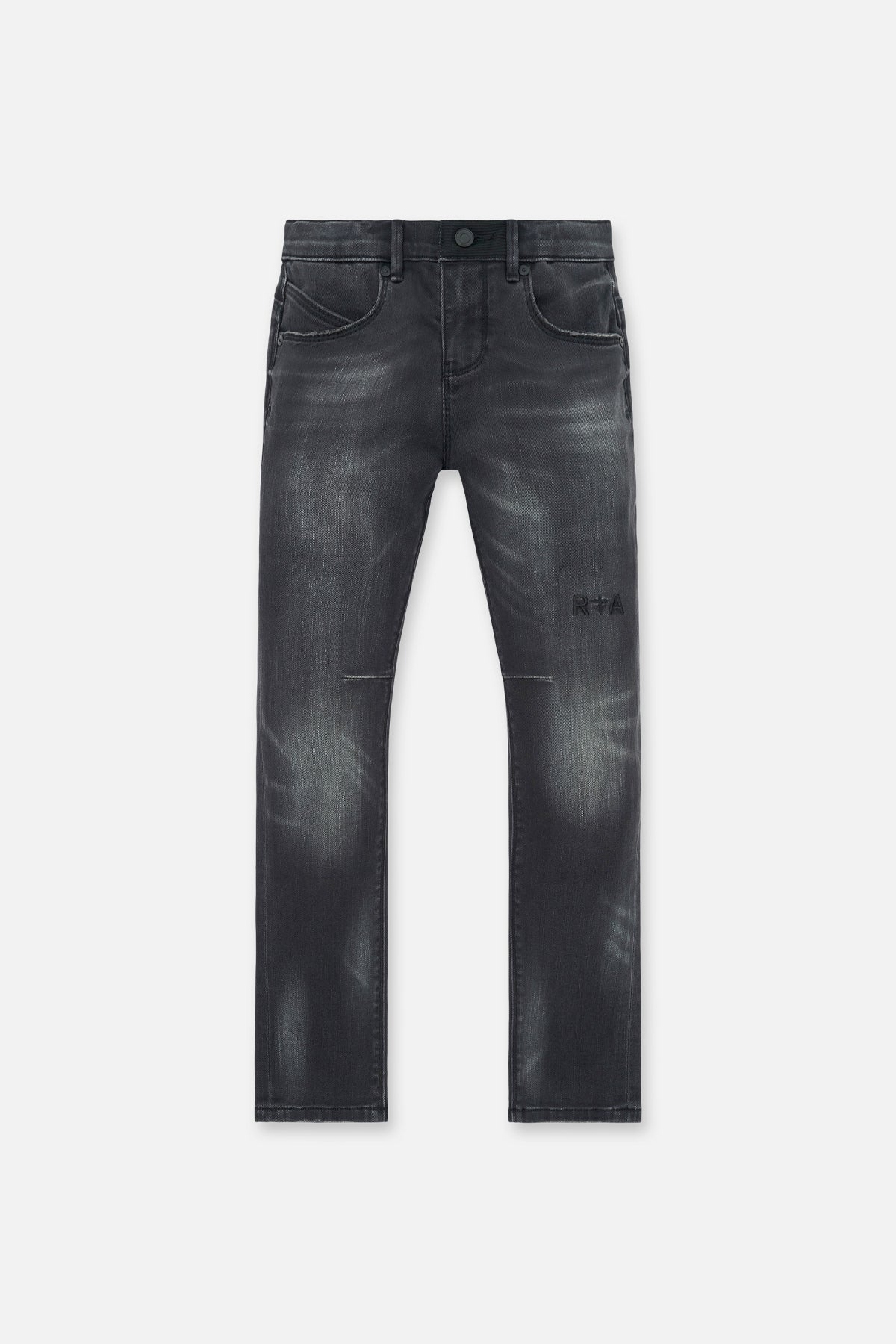 Kids Benson Skinny Jeans Charcoal Dust - Front View, faded grey denim with RTA logo embroidery | RTA