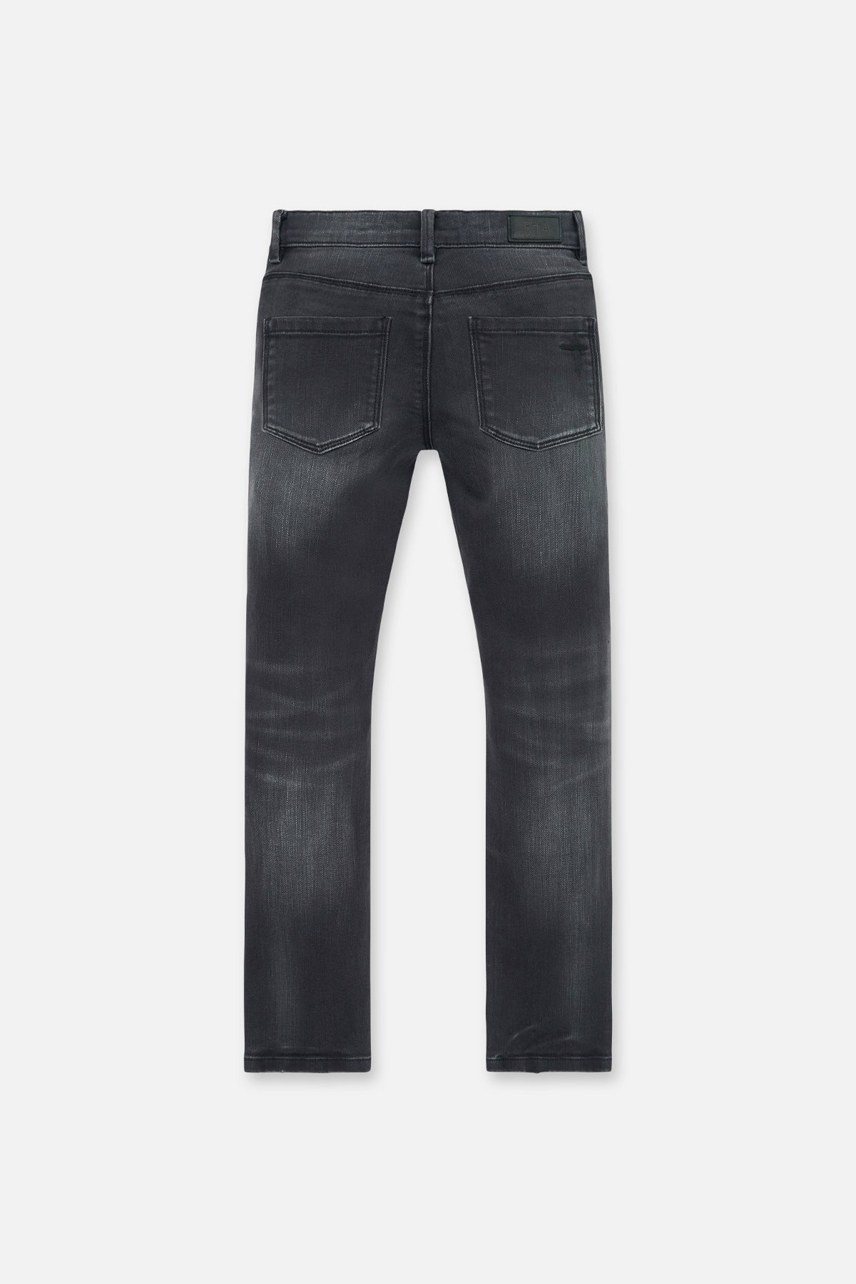 Kids Benson Skinny Jeans Charcoal Dust - Back View, faded grey denim with leather patch | RTA