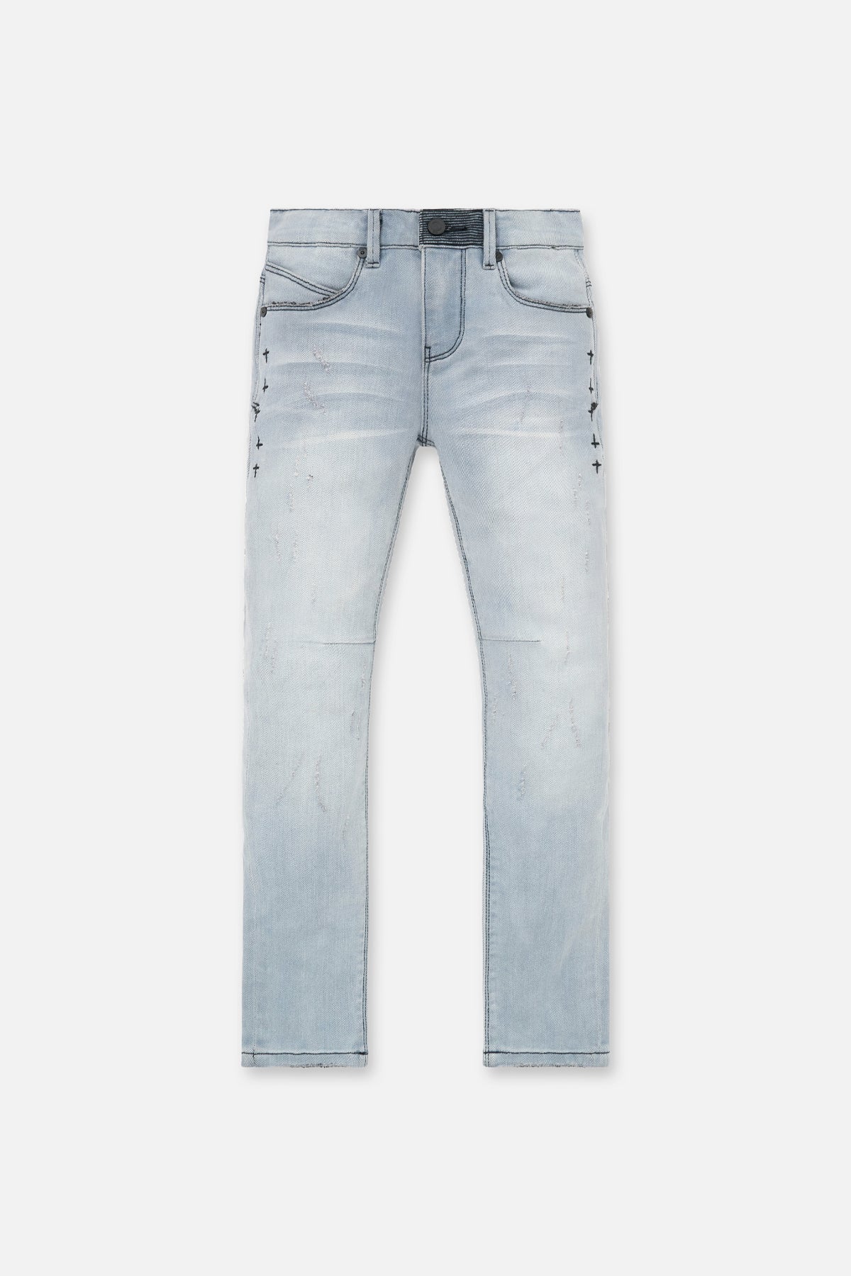 Smoky Rinse Denim Kids Carlo Skinny Jeans - Front View with Cross Motifs | RTA