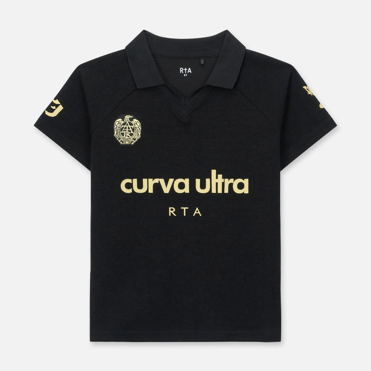 Kids Rynz Soccer Jersey Black - Front View, Gold Curva Ultra Graphic and Crest | RTA