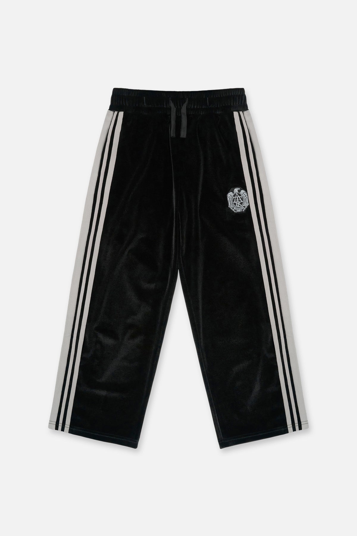 Black Velour Kids Wide Leg Sweatpants with RTA Crest Motif - Front View | RTA