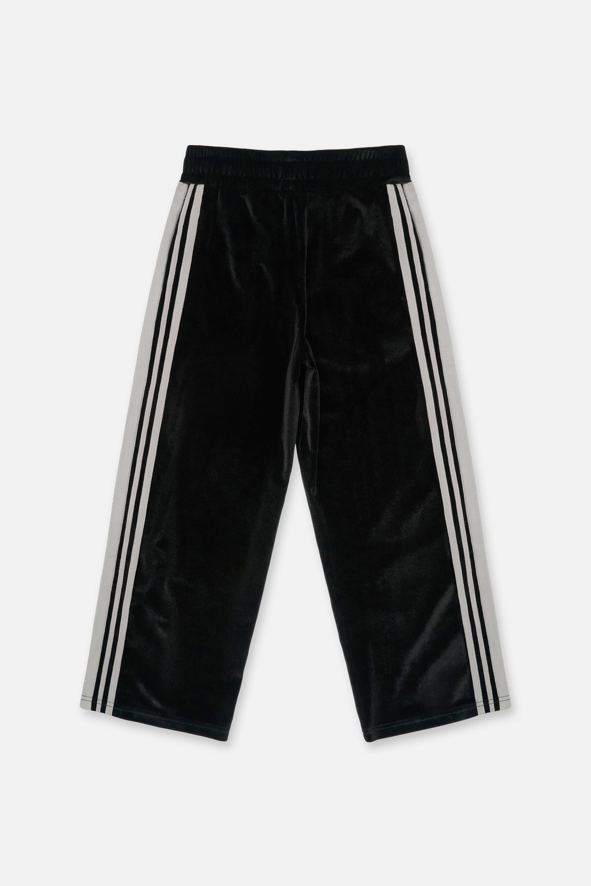 Black Velour Kids Wide Leg Sweatpants with Grey Side Stripes - Back View | RTA