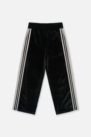 Black Velour Kids Wide Leg Sweatpants with Grey Side Stripes - Back View | RTA