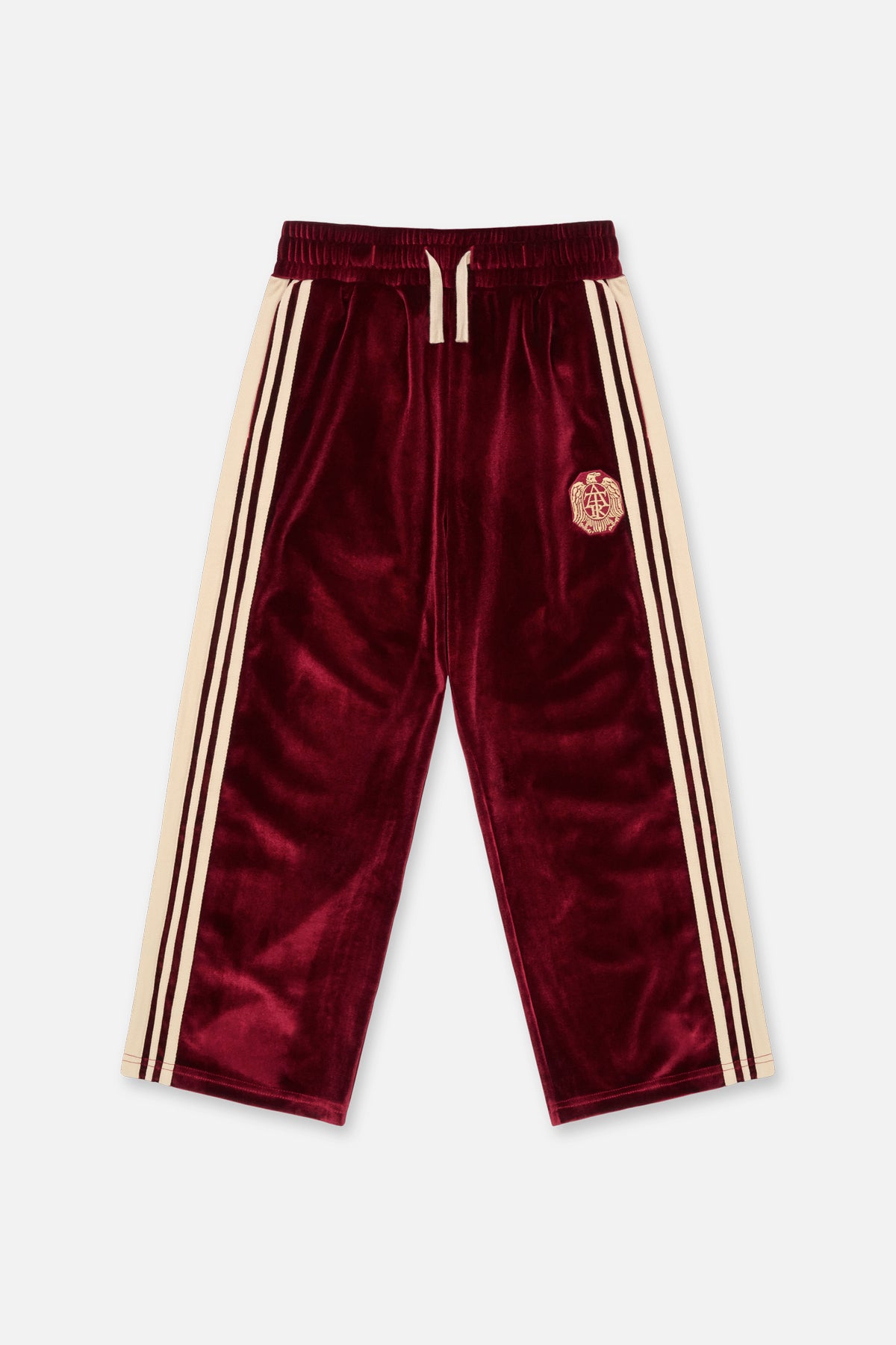 Burgundy Velvet Kids Wide Leg Sweatpants - Front View, Crest Embroidery & Cream Side Stripe | RTA