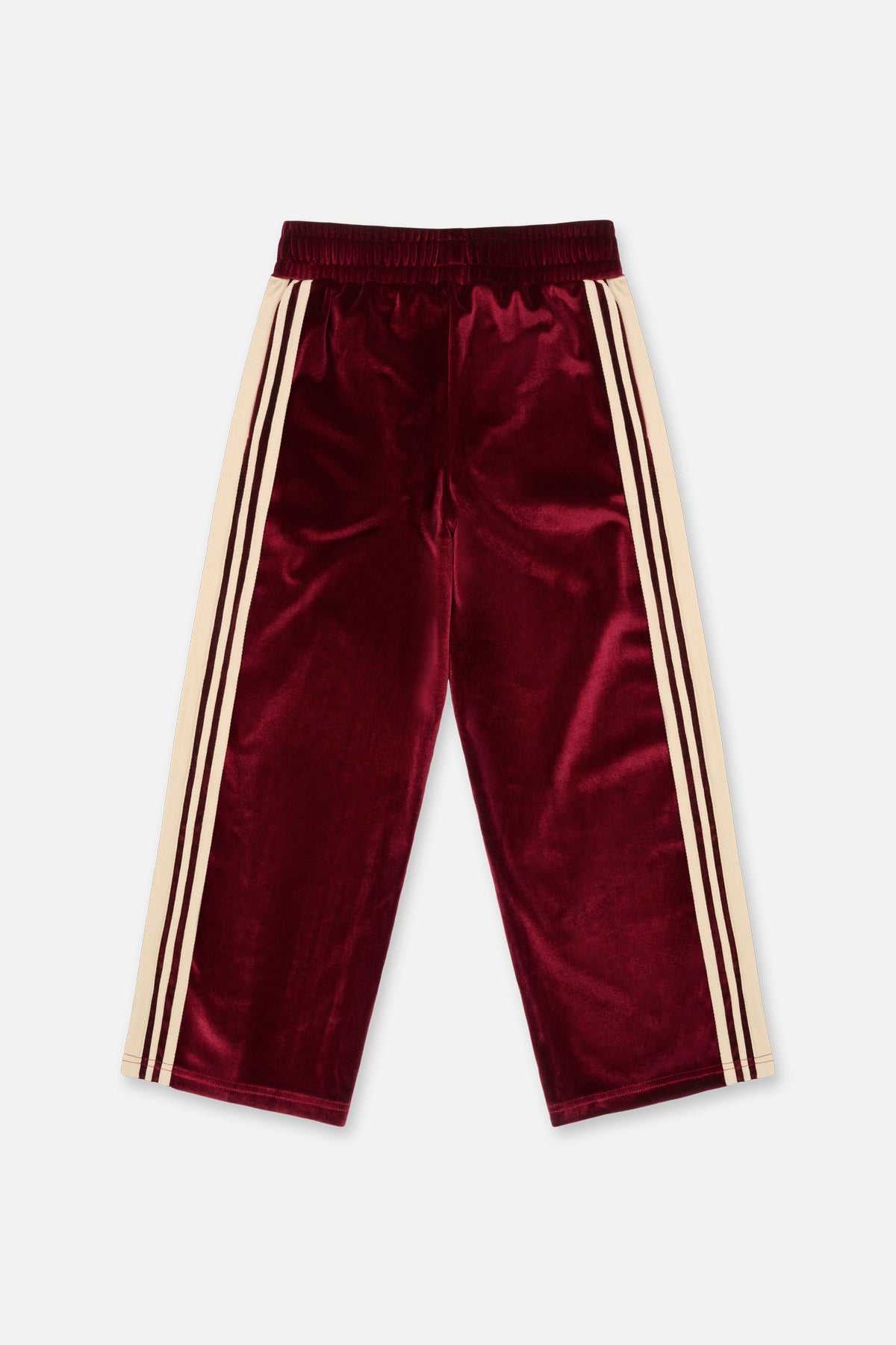Burgundy Velvet Kids Wide Leg Sweatpants - Back View, Cream Side Stripe Detail | RTA