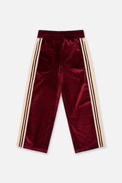 Burgundy Velvet Kids Wide Leg Sweatpants - Back View, Cream Side Stripe Detail | RTA