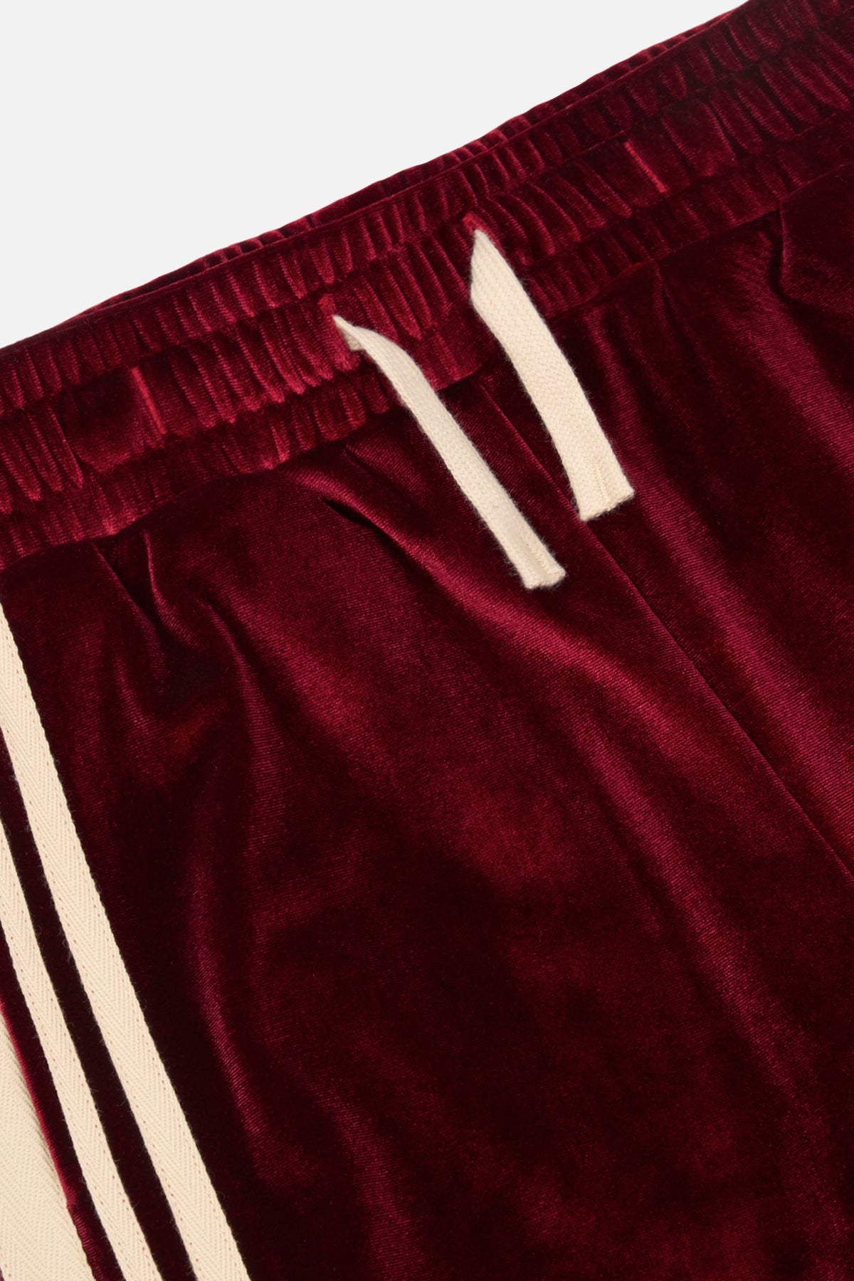 Burgundy Velvet Kids Sweatpants - Waistband & Cream Drawstring Detail Close-Up | RTA