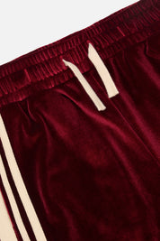 Burgundy Velvet Kids Sweatpants - Waistband & Cream Drawstring Detail Close-Up | RTA