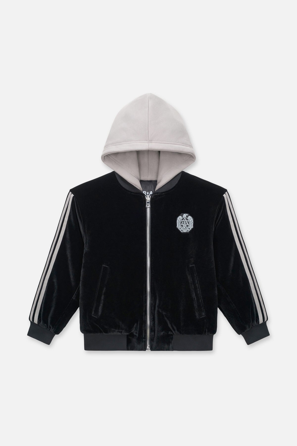 Black Velvet Kids Rian Hooded Bomber with Grey Hood - Front View | RTA