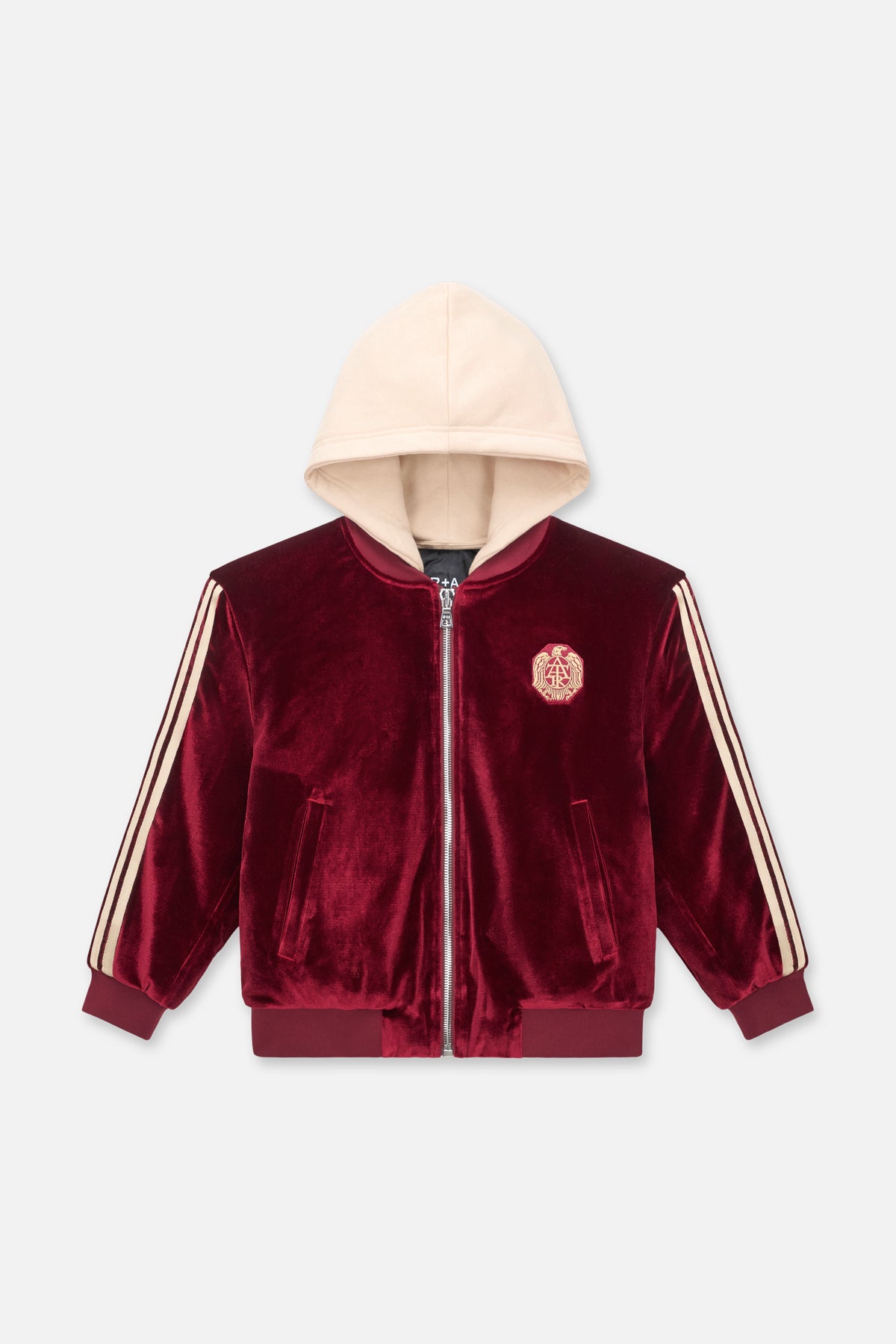 Burgundy Velvet Kids Rian Hooded Bomber - Front View with Cream Hood | RTA