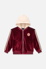 Burgundy Velvet Kids Rian Hooded Bomber - Front View with Cream Hood | RTA