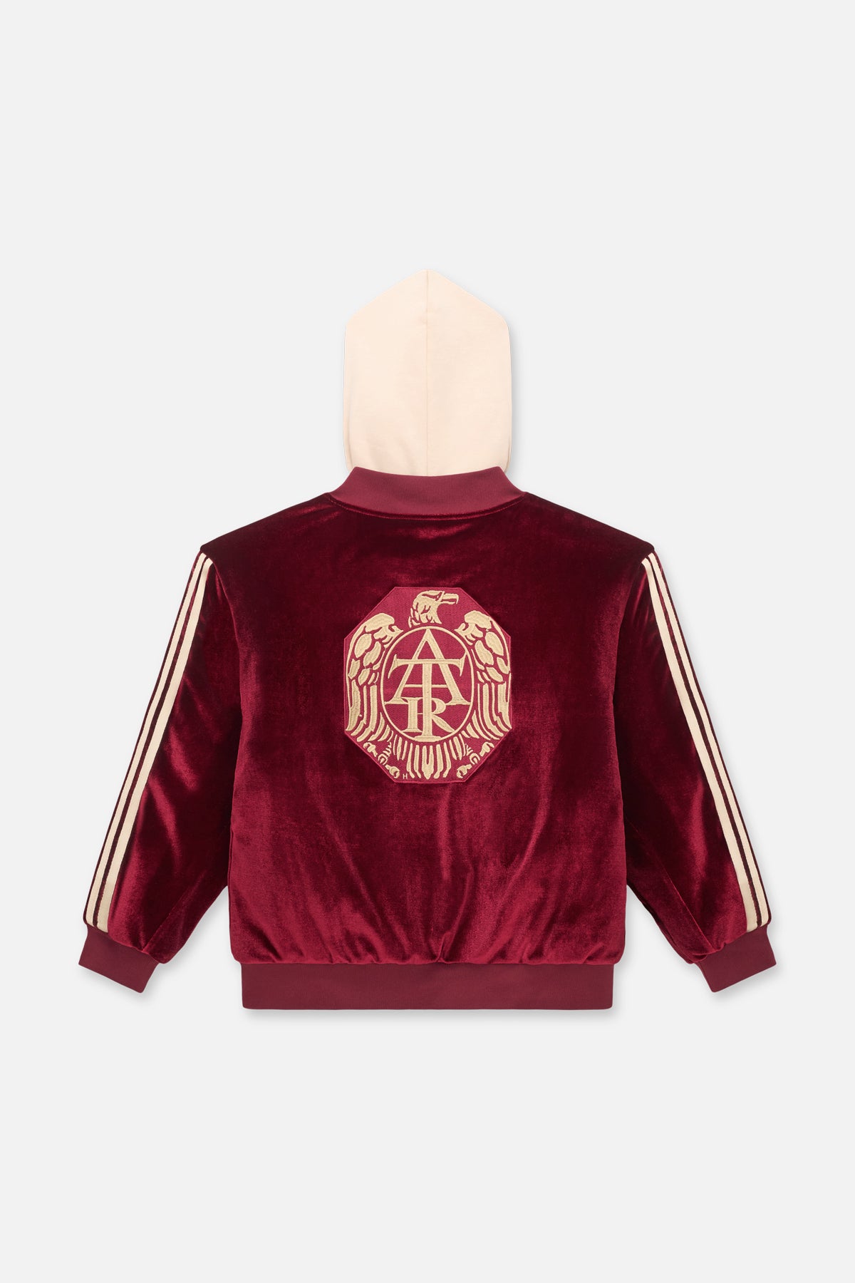 Burgundy Velvet Kids Rian Hooded Bomber - Back View with Large Crest Embroidery | RTA