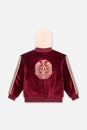 Burgundy Velvet Kids Rian Hooded Bomber - Back View with Large Crest Embroidery | RTA