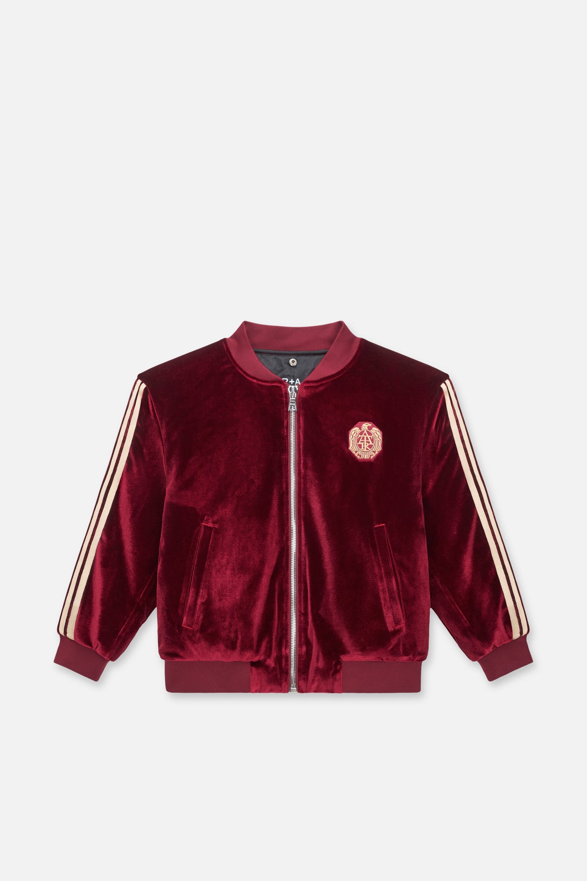 Burgundy Velvet Kids Rian Bomber - Front View Hood Down, Signature Crest Motif | RTA
