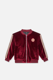 Burgundy Velvet Kids Rian Bomber - Front View Hood Down, Signature Crest Motif | RTA