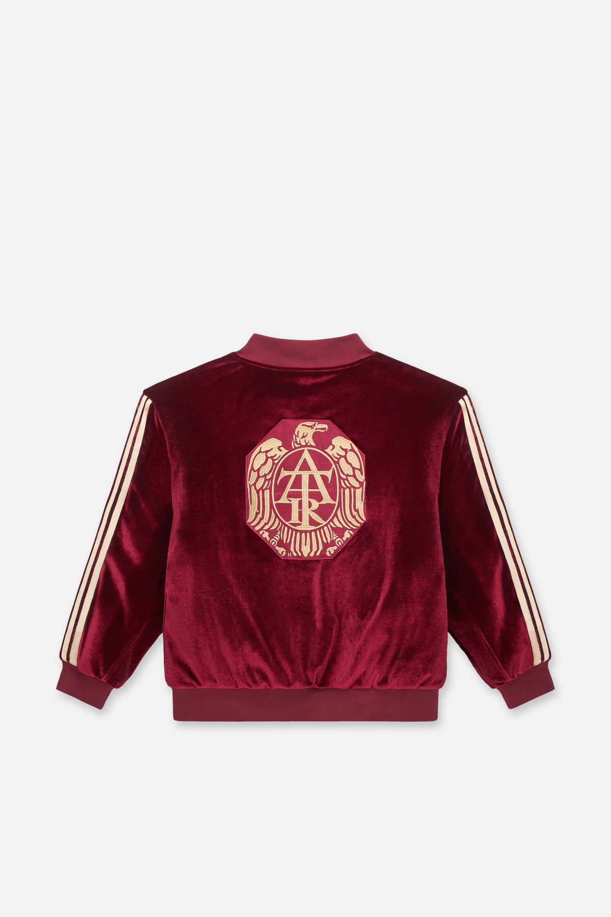 Burgundy Velvet Kids Rian Bomber - Back View Hood Down, Eagle Crest Embroidery | RTA