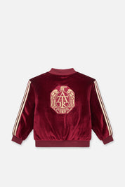 Burgundy Velvet Kids Rian Bomber - Back View Hood Down, Eagle Crest Embroidery | RTA