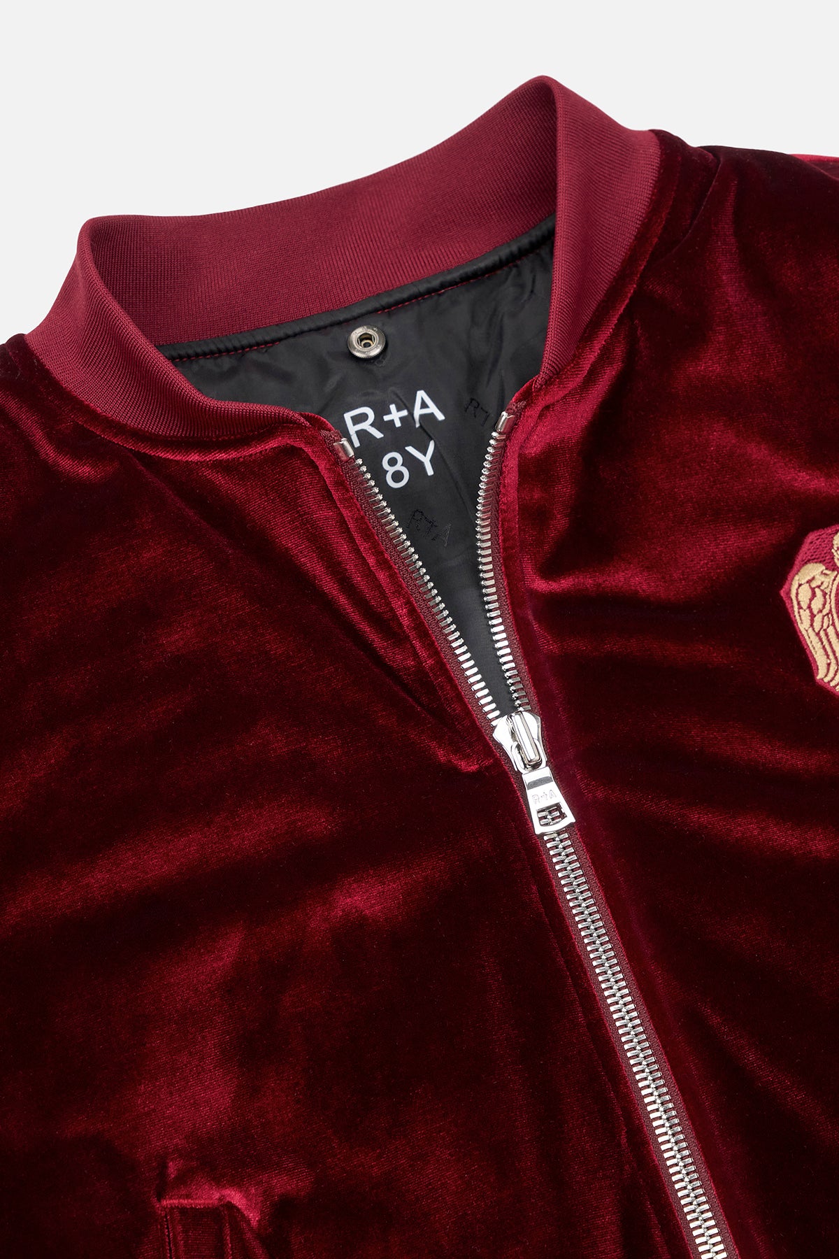 Burgundy Velvet Kids Streetwear Bomber - Silver Zip and Collar Close-Up Detail | RTA