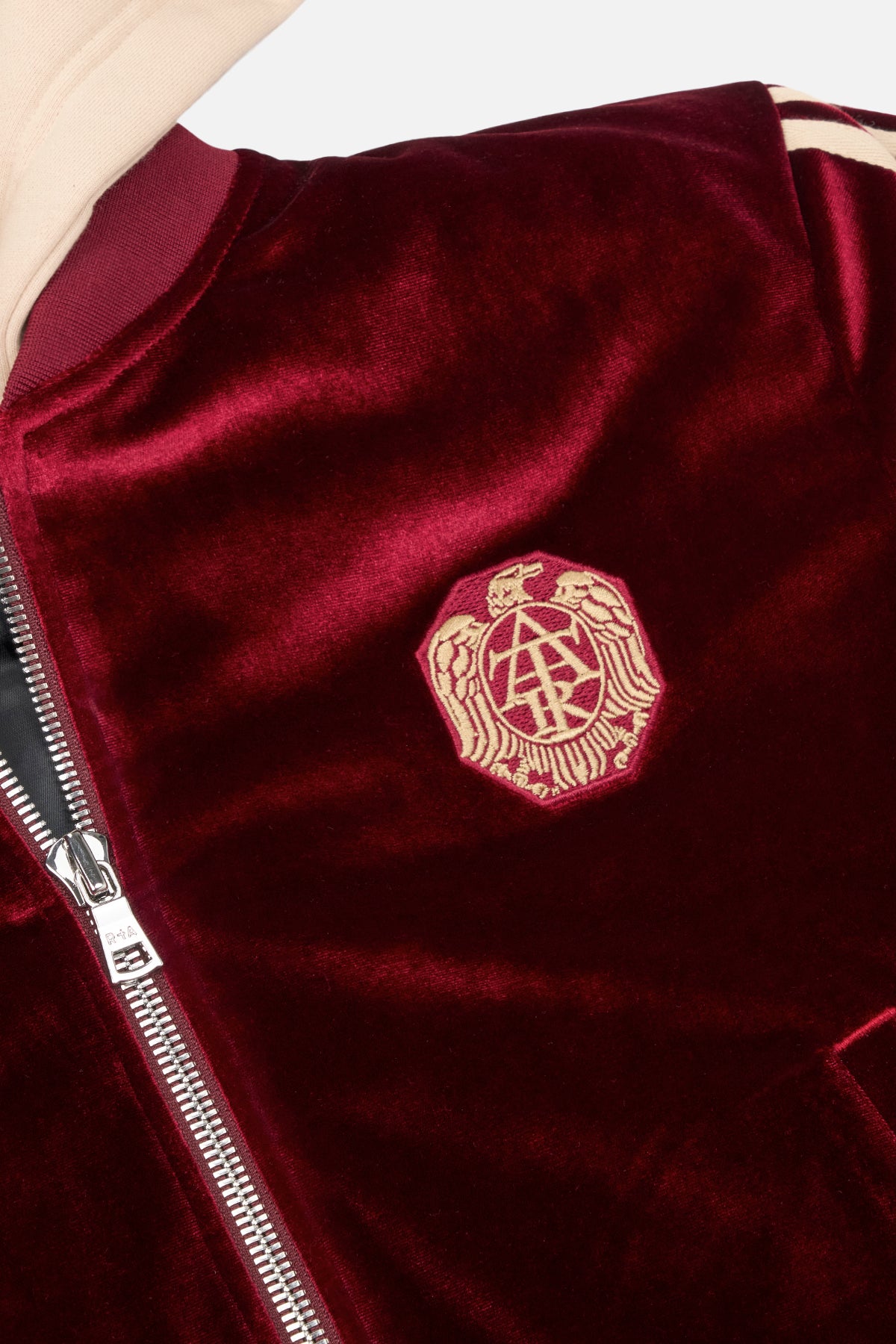 Burgundy Velvet Kids Rian Bomber - Chest Crest Embroidery Close-Up Detail | RTA