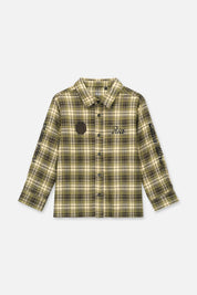 Kids Rane Button Up Shirt Olive Plaid - Front View, Embroidered Logo & Leather Patch | RTA