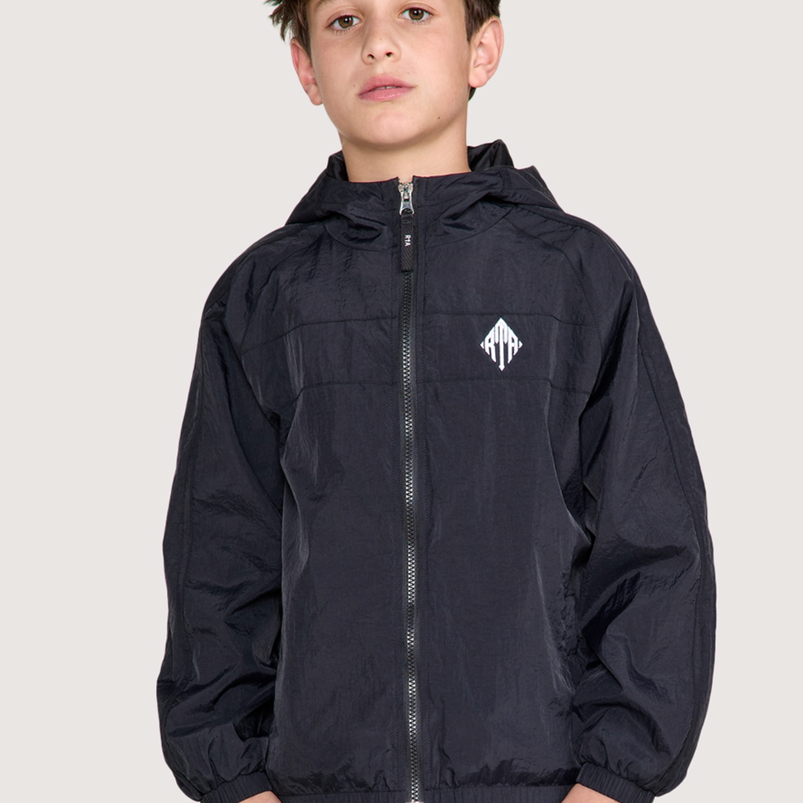 Black Nylon Kids Luca Windbreaker Jacket - Front View On Model | RTA