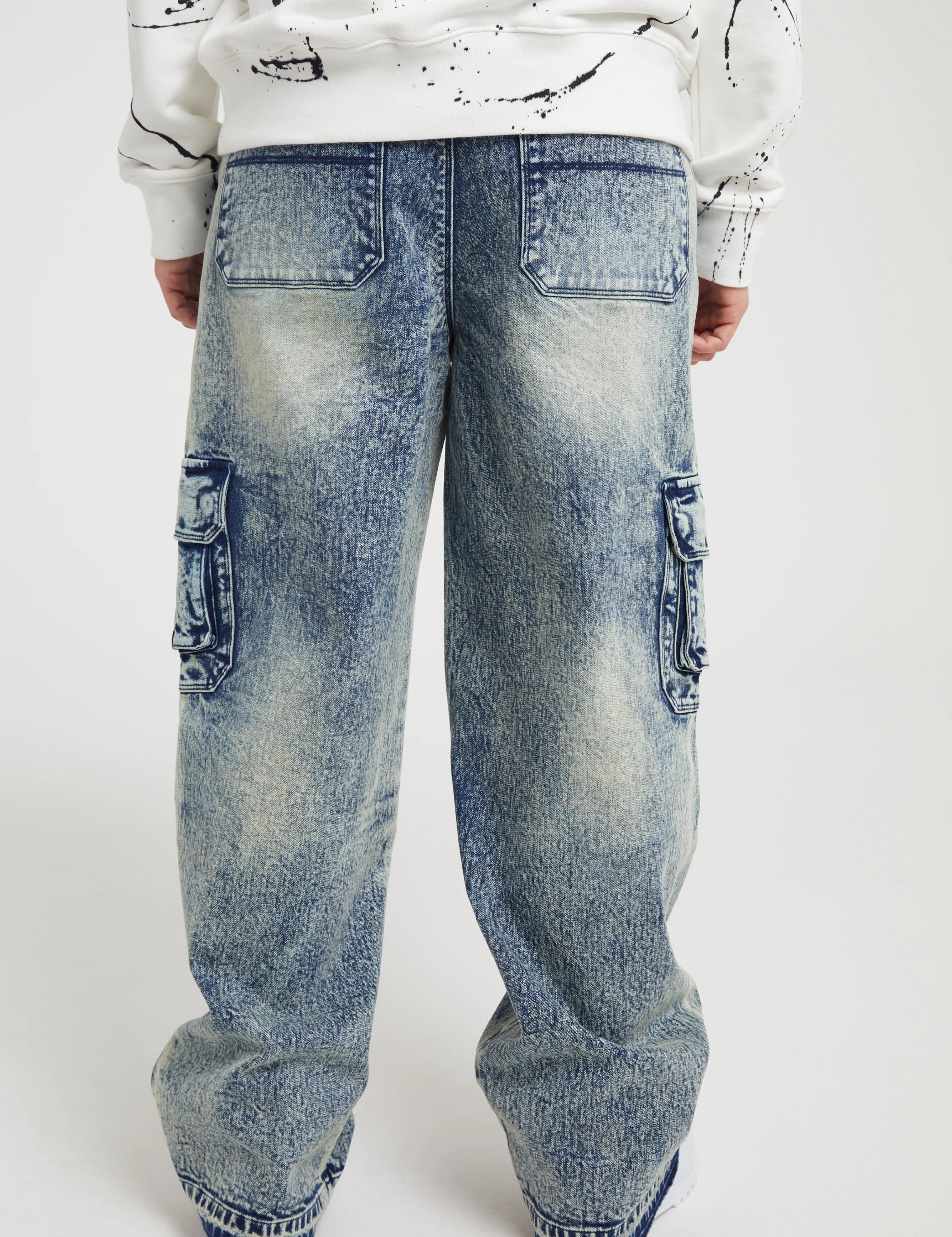 Medium Acid Wash Roman Cargo Jeans - Rear View On Model | RTA