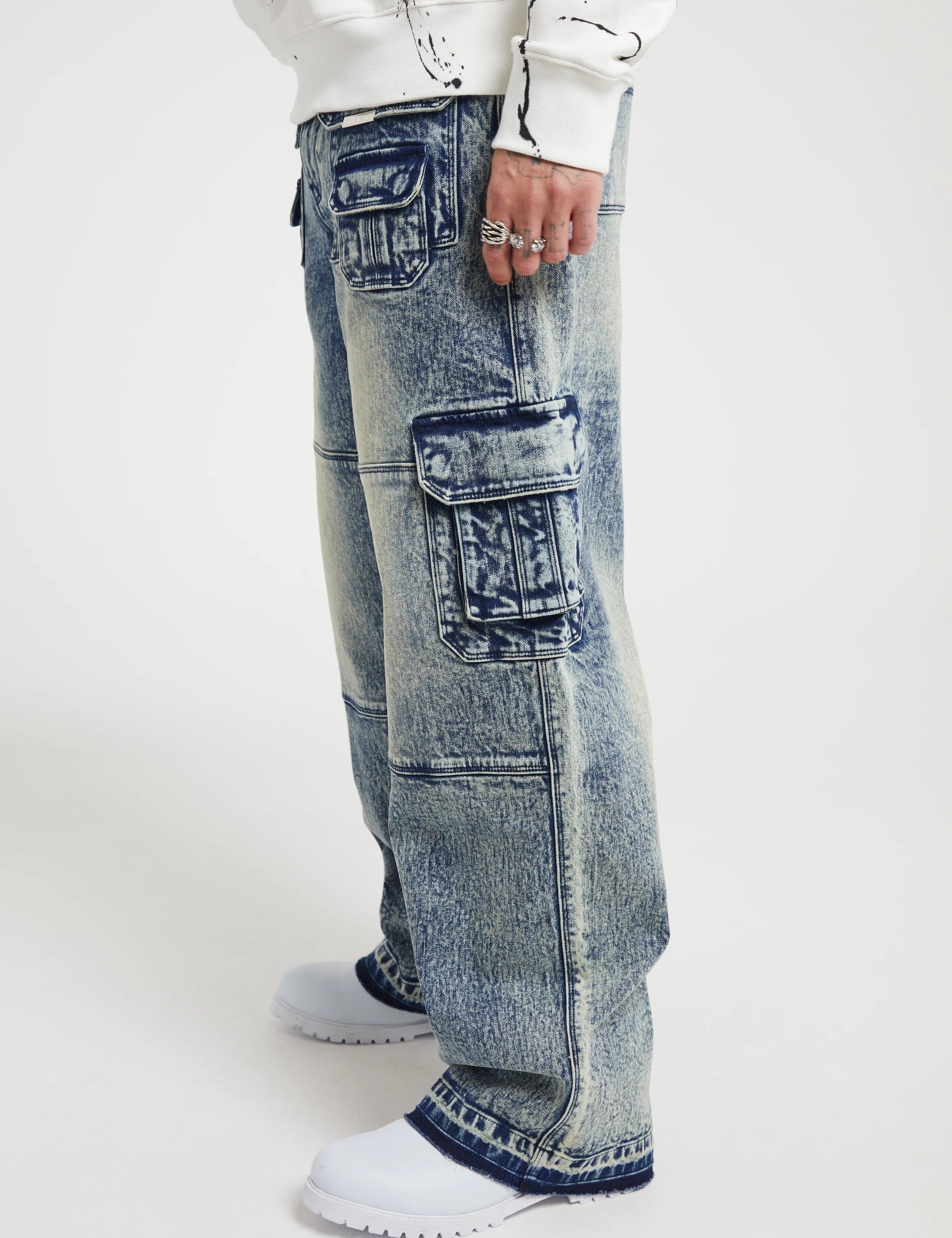 Medium Acid Wash Roman Cargo Jeans - Side Profile On Model | RTA