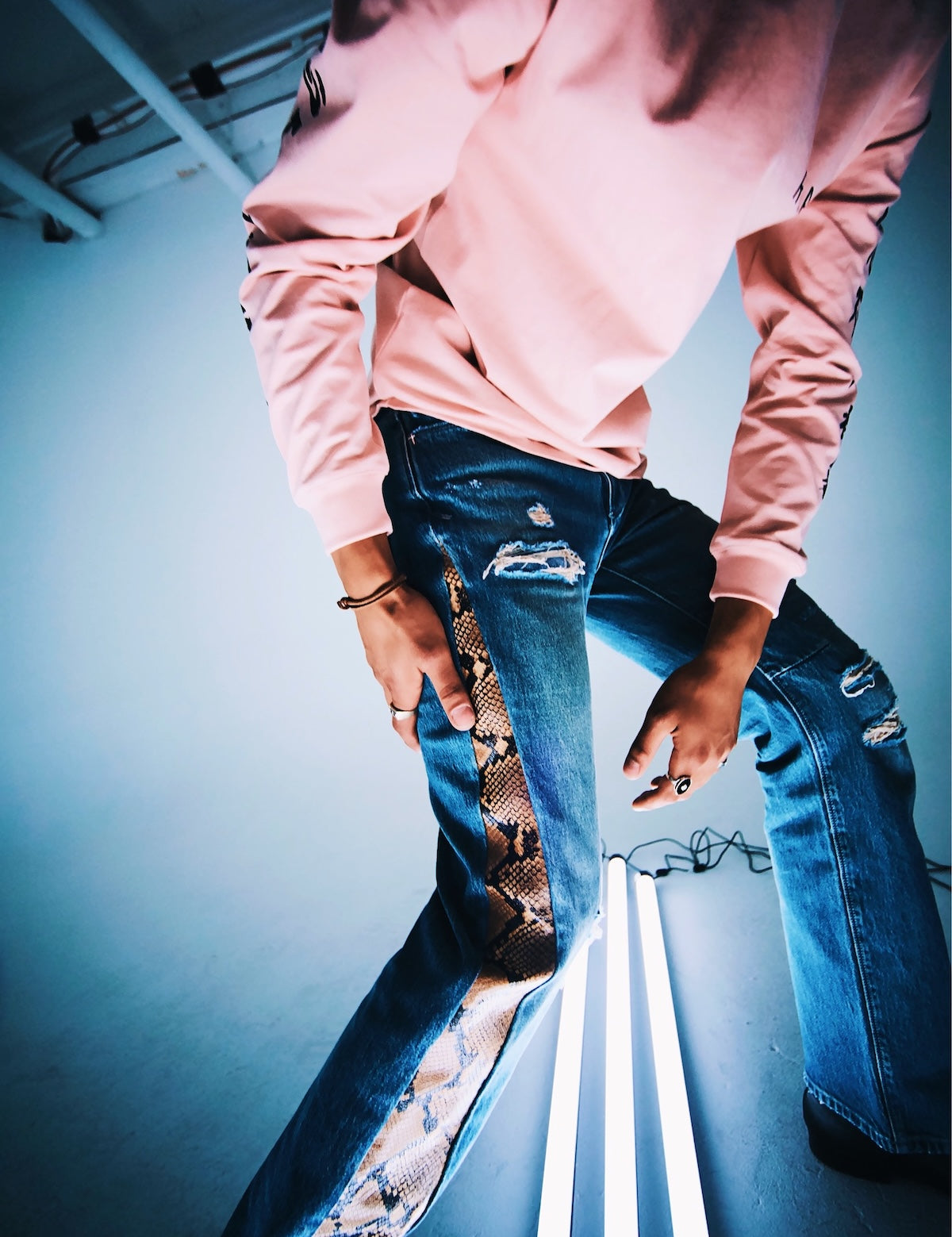 Blue Denim Snake Jeans - Lifestyle Shot On Model | RTA