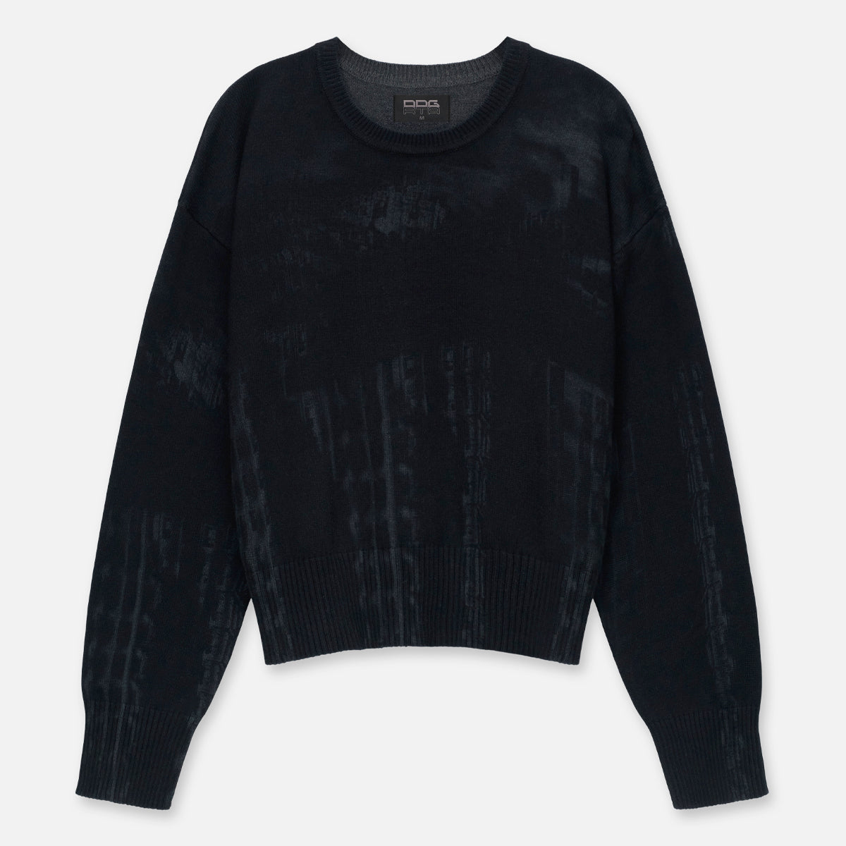 Black Cotton Kaleb Sweater with Abstract Grey Pattern - Flat Lay | RTA