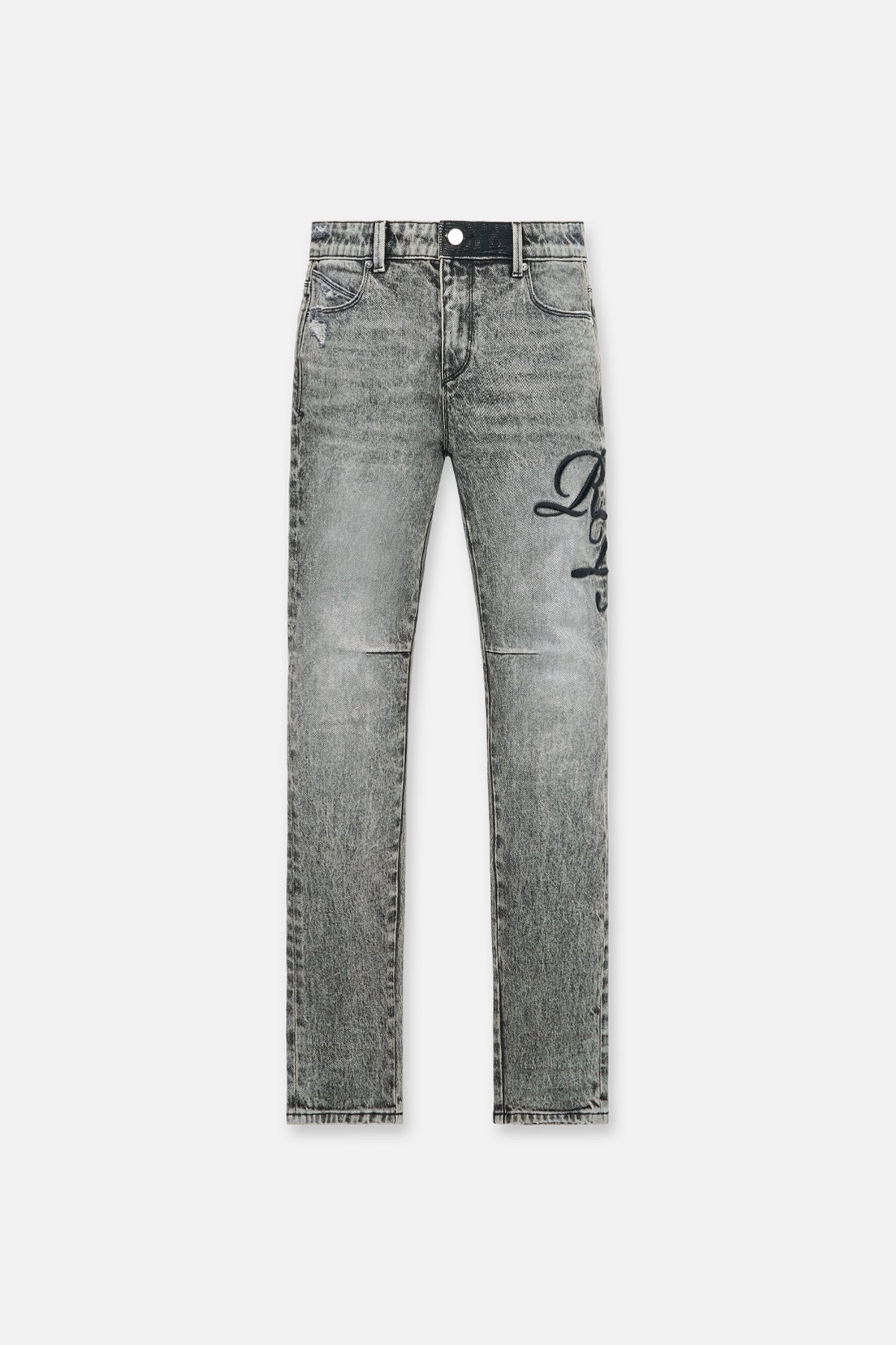 Stone Haze Grey Denim Skinny Jeans with Cursive Typography - Front View | RTA