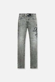 Stone Haze Grey Denim Skinny Jeans with Cursive Typography - Front View | RTA