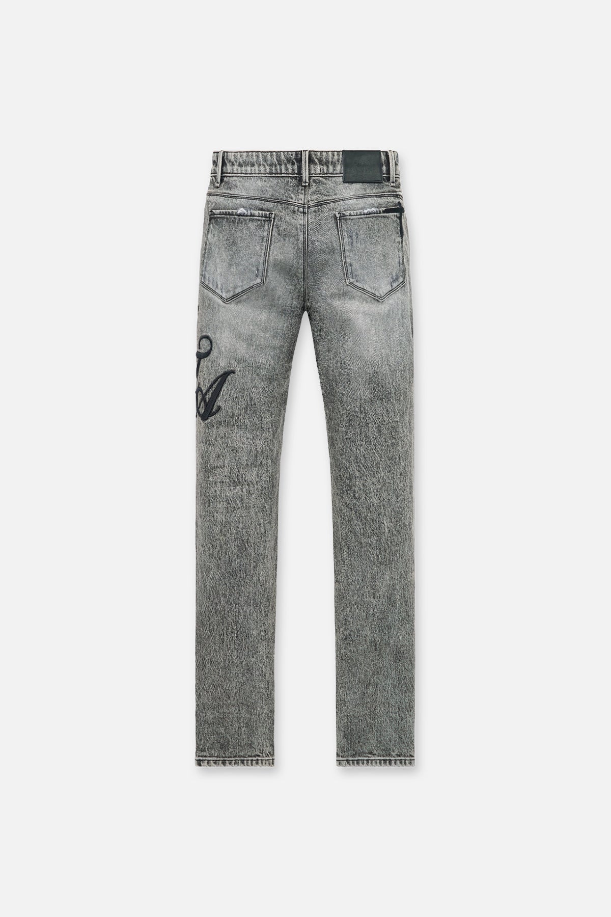 Stone Haze Grey Denim Skinny Jeans with Cursive Typography - Back View | RTA