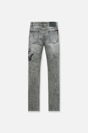 Stone Haze Grey Denim Skinny Jeans with Cursive Typography - Back View | RTA
