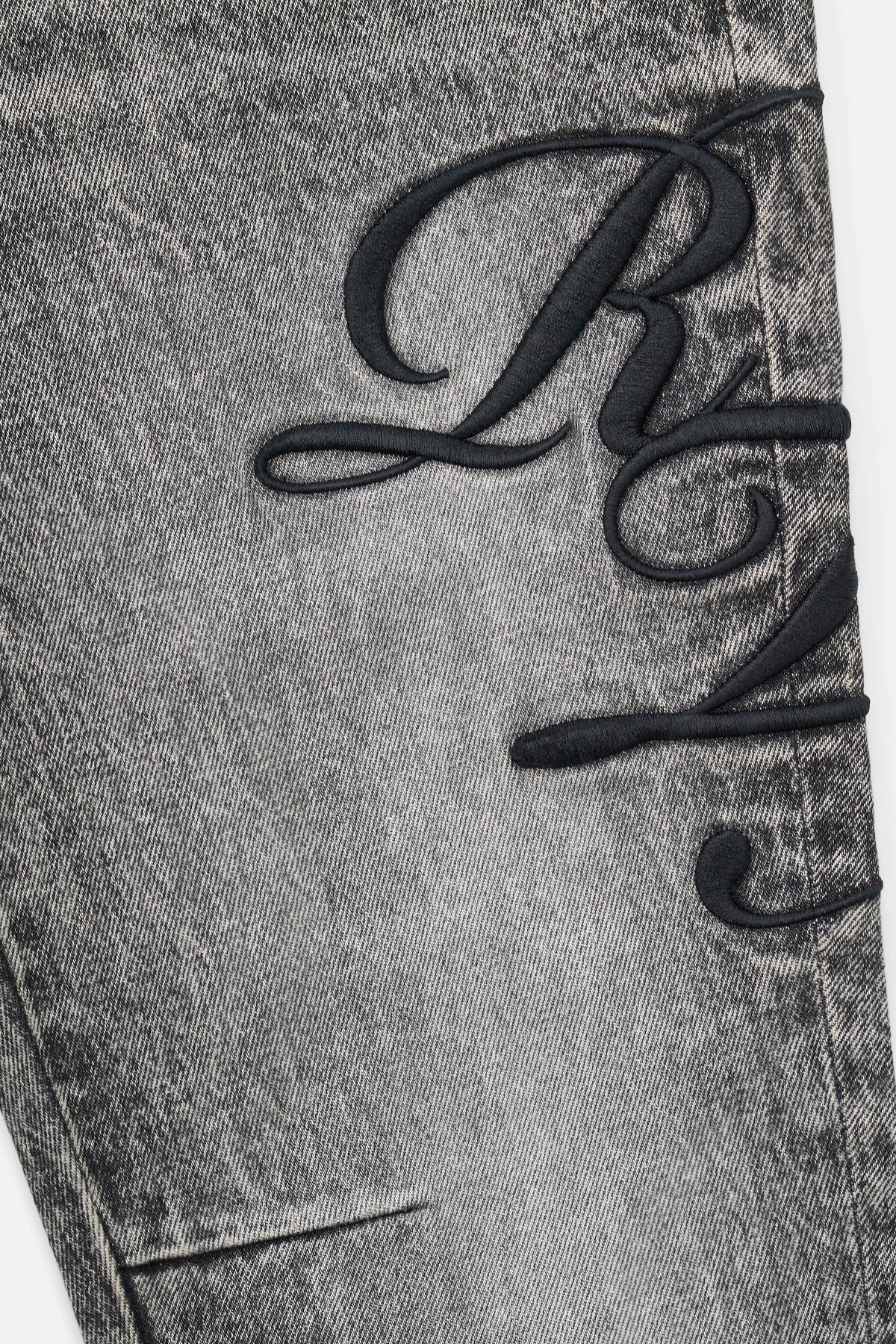Stone Haze Grey Denim Bryant Jeans - Cursive Typography Detail Close-Up | RTA