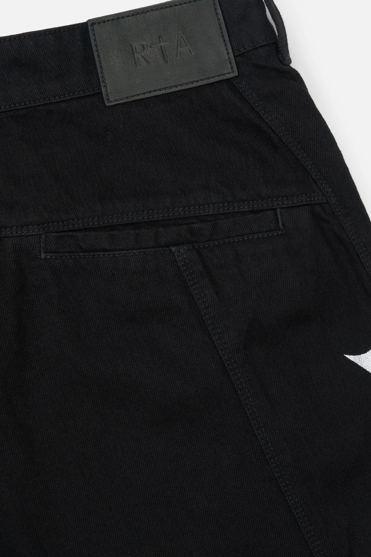 Black Alwin Moto Jean - Back Waistband Close-Up, Leather Patch and Pocket Detail | RTA