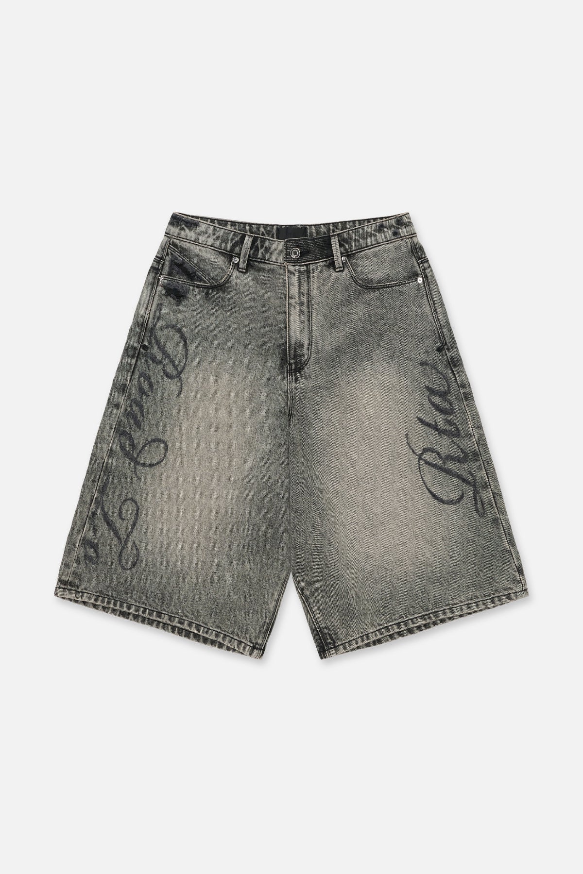Grey Washed Cotton Gustavo Denim Short with Laser Script Graphic - Front Flat Lay | RTA