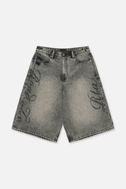 Grey Washed Cotton Gustavo Denim Short with Laser Script Graphic - Front Flat Lay | RTA