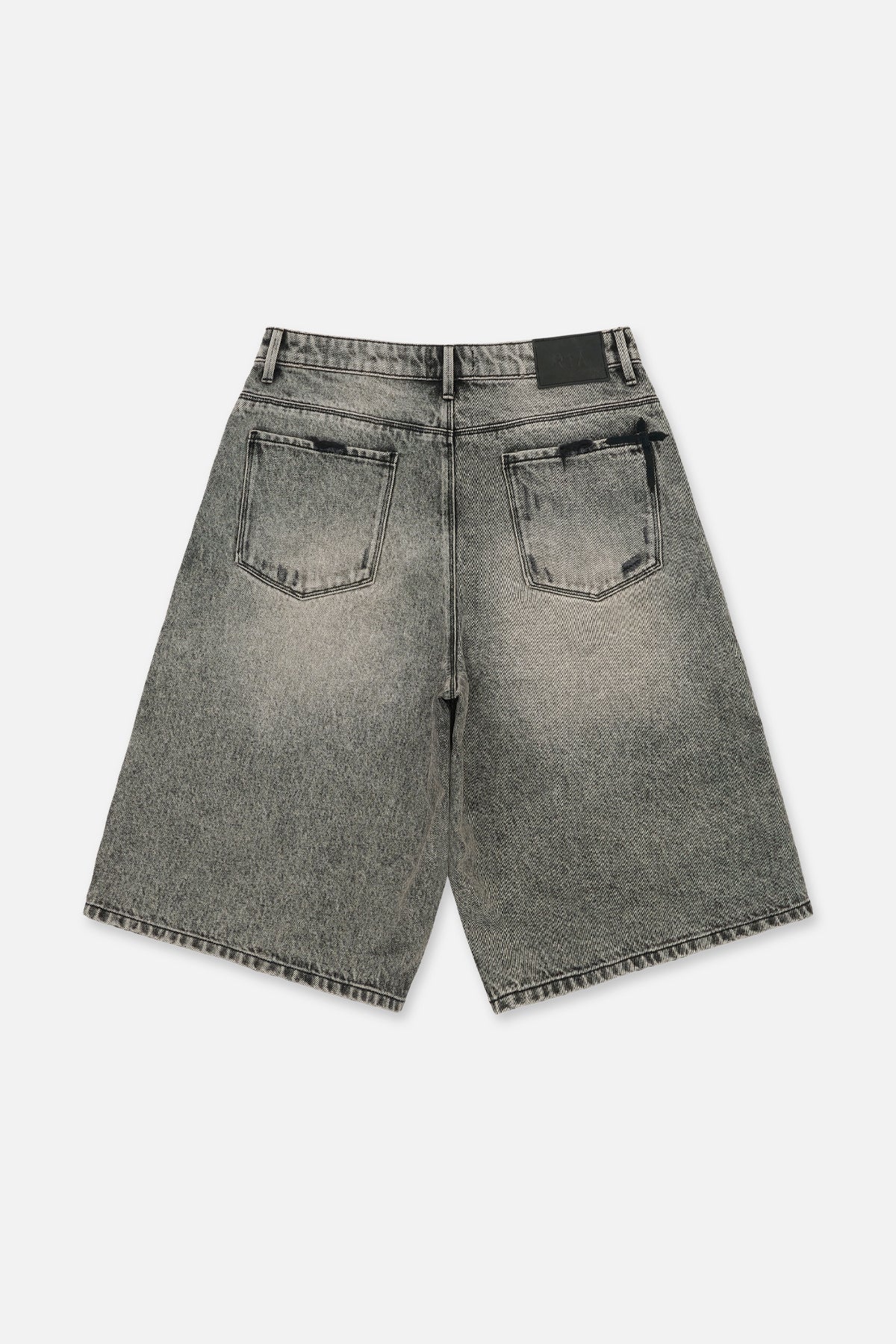 Grey Washed Gustavo Baggy Denim Short - Back View with Leather Patch Label | RTA