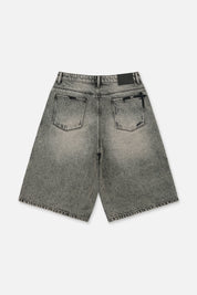 Grey Washed Gustavo Baggy Denim Short - Back View with Leather Patch Label | RTA